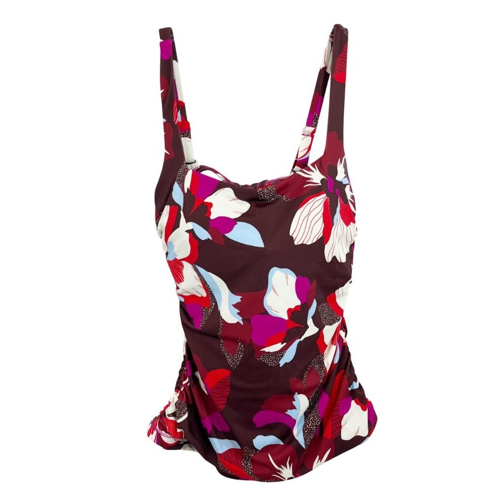 Athleta Square Neck Bra‎ Cup Tankini Ruched Swim Top in Bora Maroon Floral 36B/C